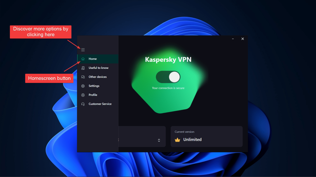 Kaspersky VPN home screen