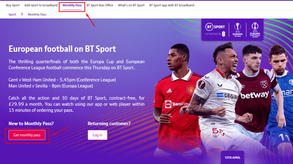 Monthly Pass purchase options on BT Sport website