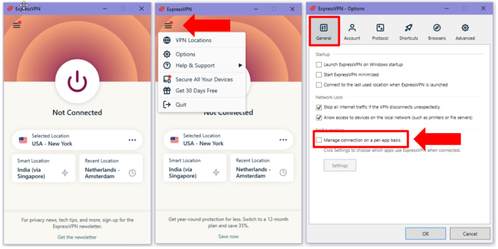 Navigating to Split Tunneling Options in ExpressVPN