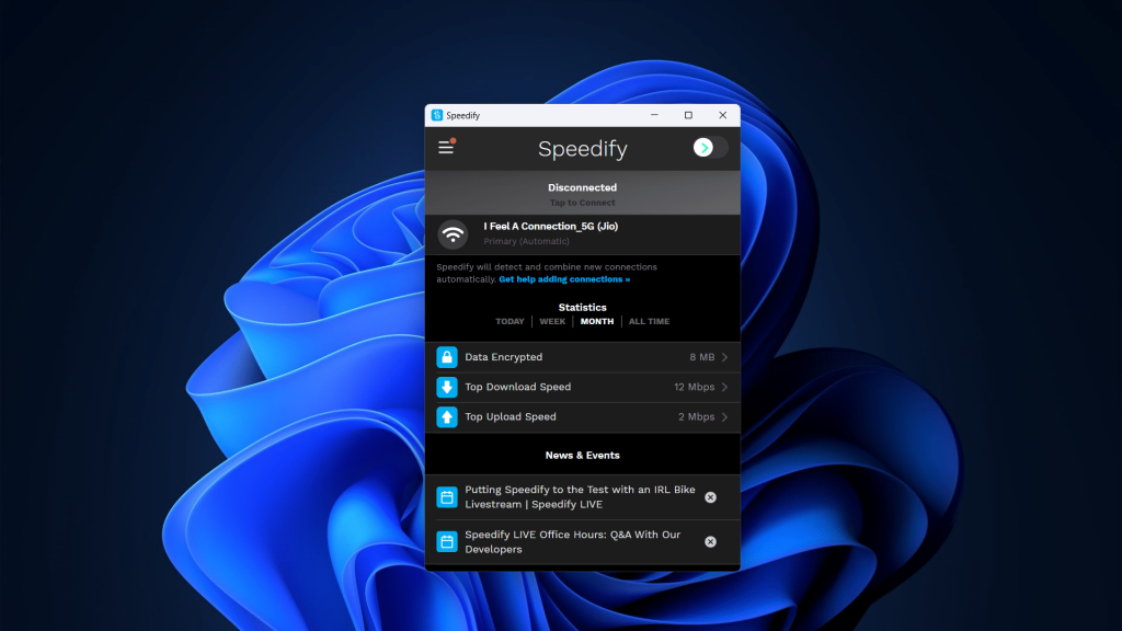 Speedify desktop application home screen