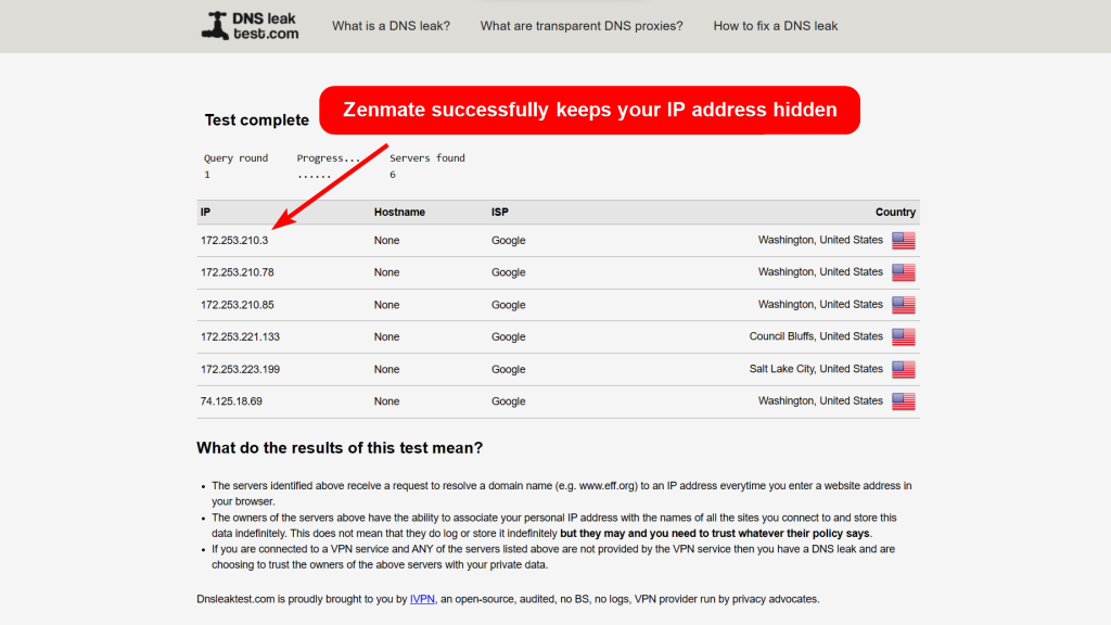 DNS leak test showing ZenMate successfully hides IP address