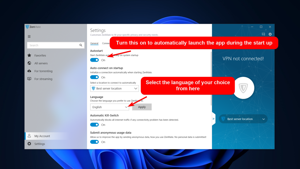 ZenMate General Settings tab where you can set the automatic launch of the app upon start-up & choose language to use