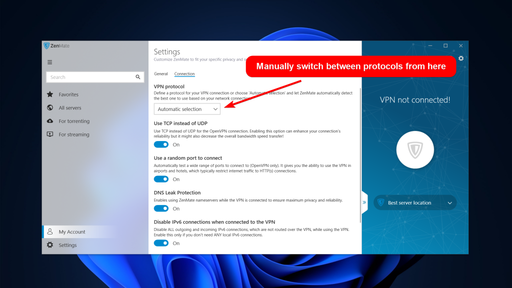 ZenMate Connection settings where you can manually switch between protocols