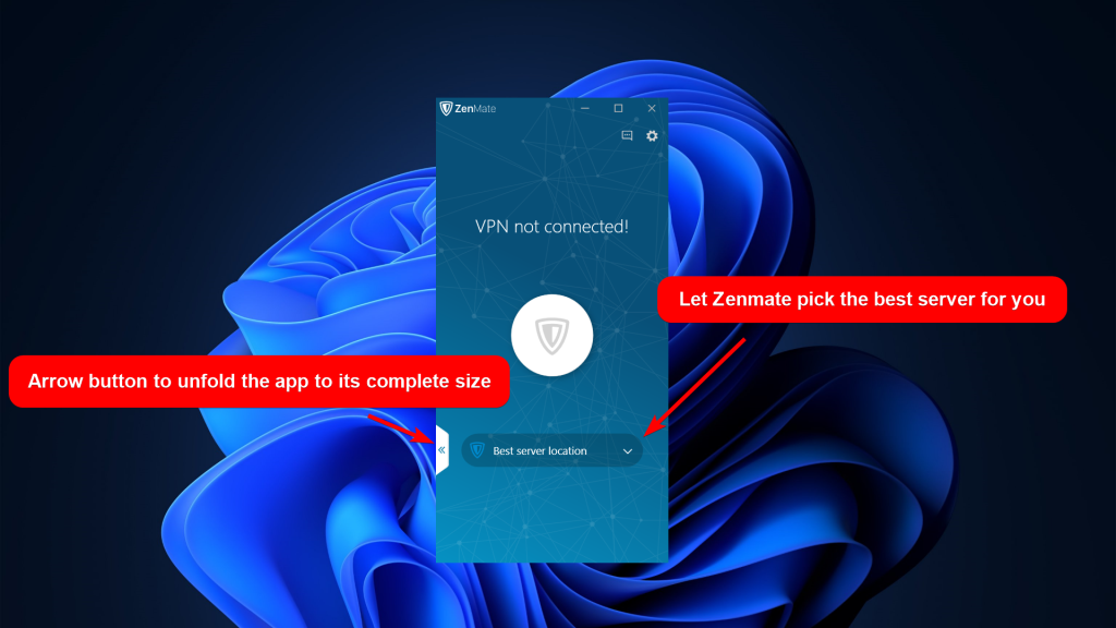 ZenMate home screen showing icon to unfold its UI & button to change/choose server