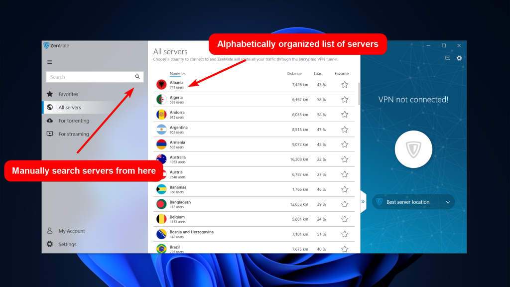 ZenMate list of servers tab where servers are alphabetically arranged and manual search can be done