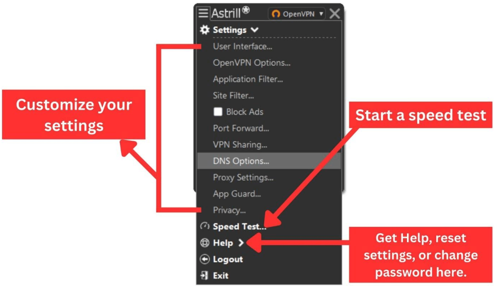 Astrill VPN app settings