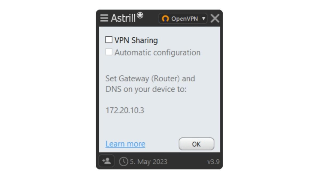 Astrill VPN app showing its VPN Sharing feature