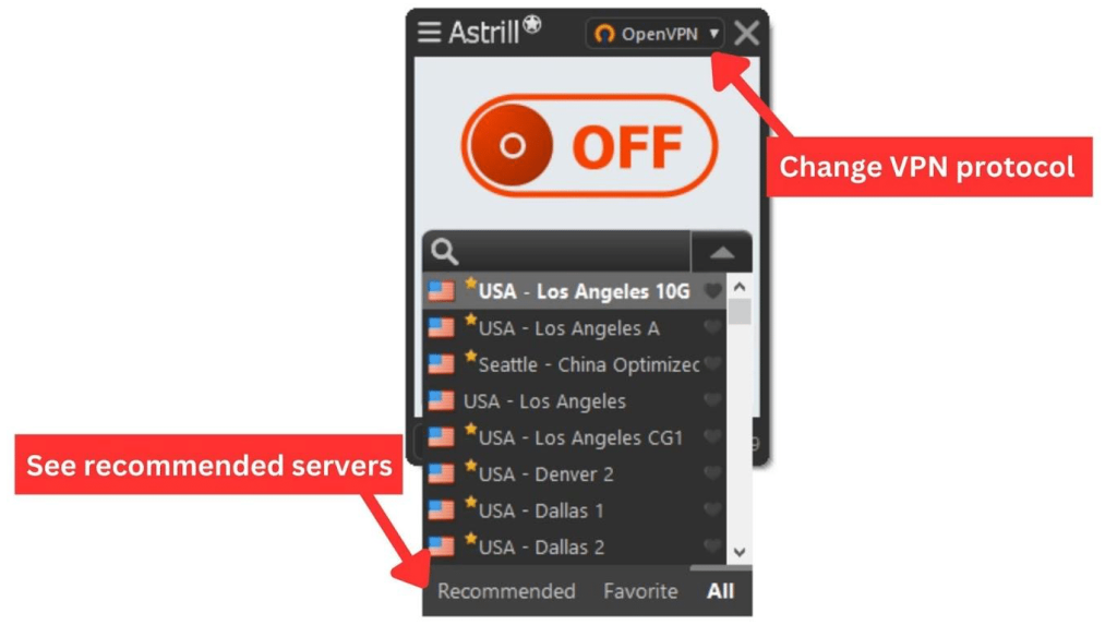 Astrill VPN app showing recommended servers