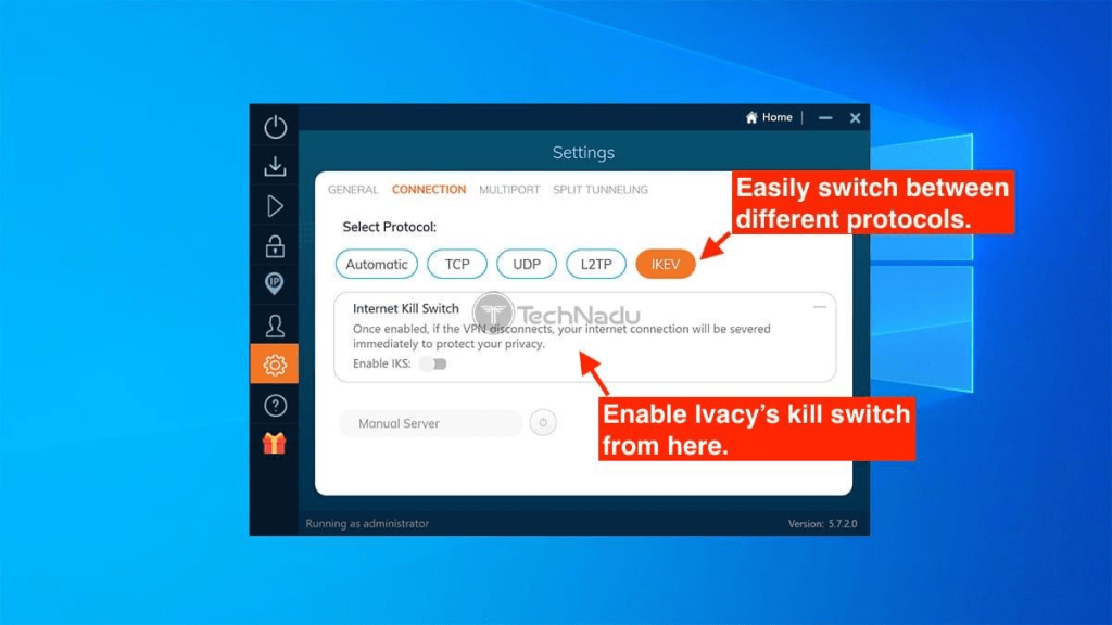 Available protocols and kill switch feature on Ivacy’s Windows app.