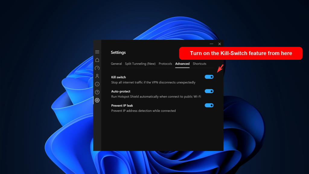 Настройки приложения VPN Hotspot Shield, показывающие функцию переключателя убийства