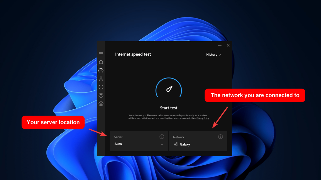 Hotspot Shield VPN app showing the Internet speed test feature
