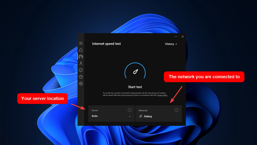 Приложение VPN Hotspot Shield показывает функцию тестирования скорости в Интернете