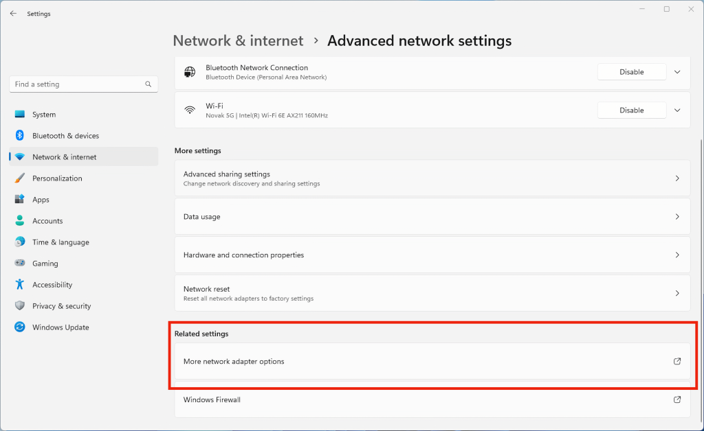 Network Adapter Options in Windows 11 Settings App