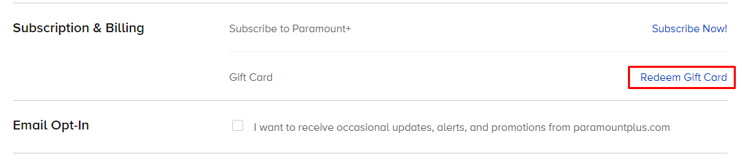 Option to Redeem Gift Card on Paramount Plus