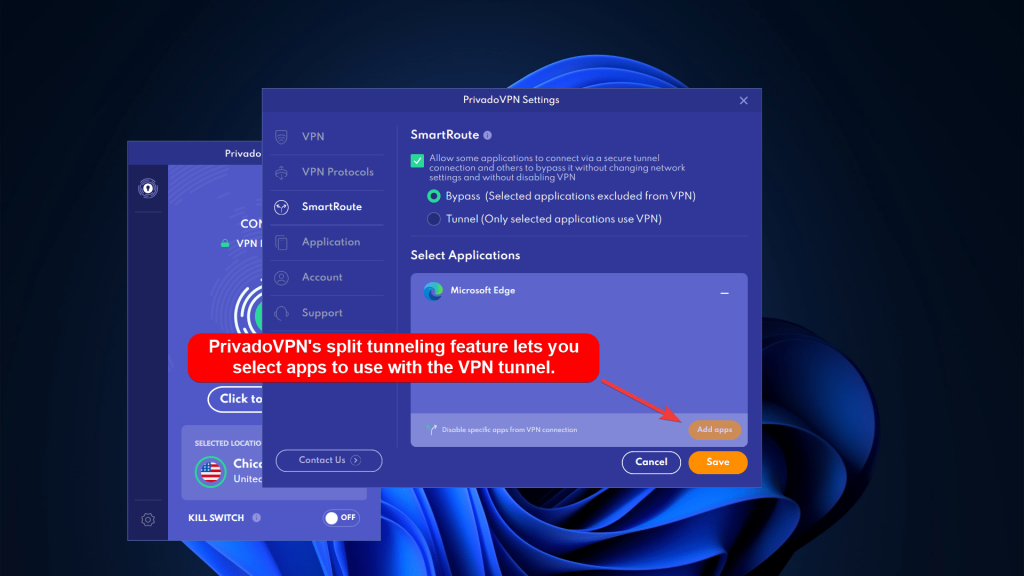 PrivadoVPN Split Tunneling Feature