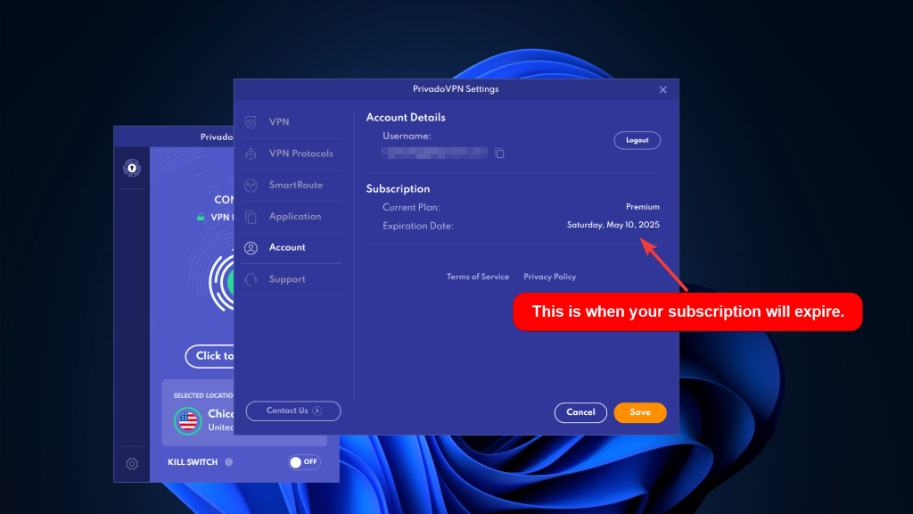 PrivadoVPN app showing account and subscription details