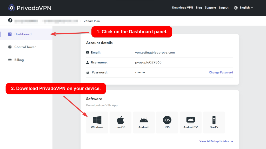 PrivadoVPN app showing the dashboard panel with different software for download