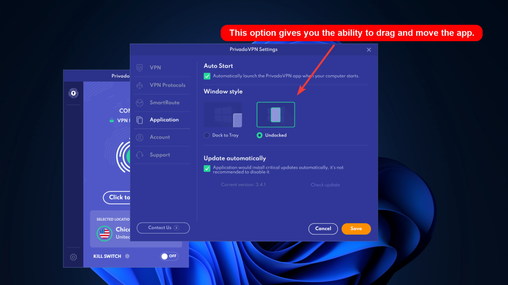 PrivadoVPN application settings