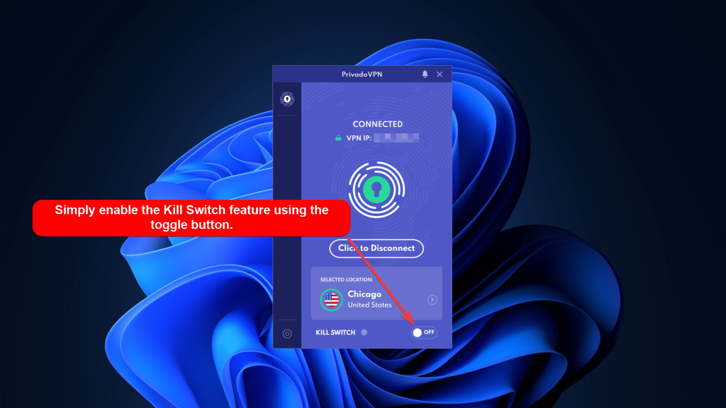 PrivadoVPN home screen showing the Kill Switch toggle button