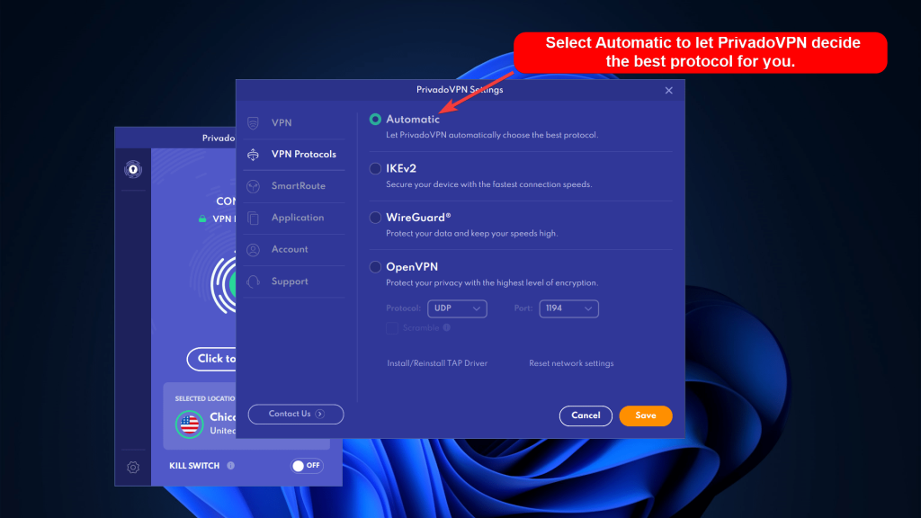 PrivadoVPN settings showing four VPN protocol options