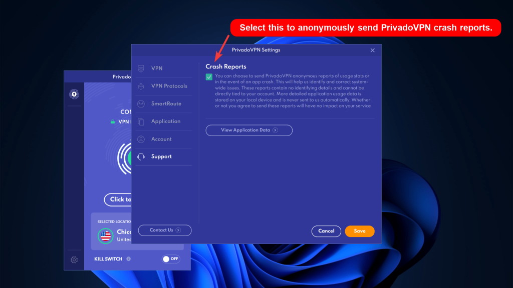 PrivadoVPN settings showing the Crash Reports option