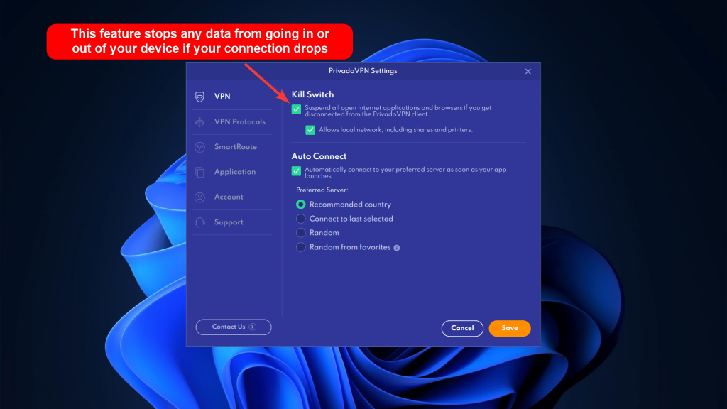 PrivadoVPN settings showing the Kill Switch and Auto Connect features