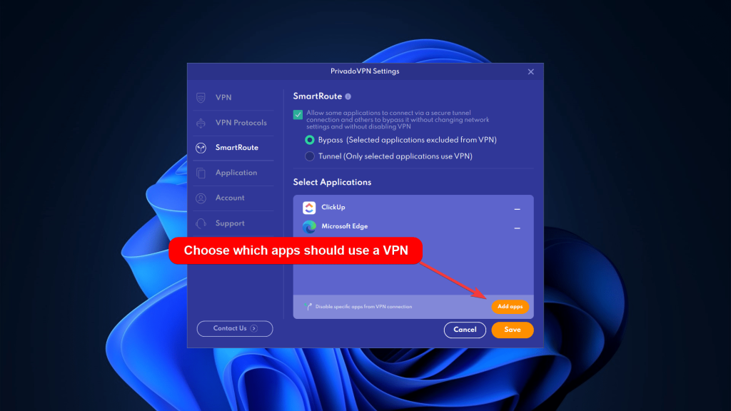 PrivadoVPN settings showing the SmartRoute feature