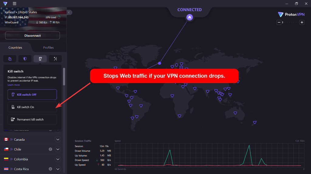 Proton VPN app showing the Kill Switch feature