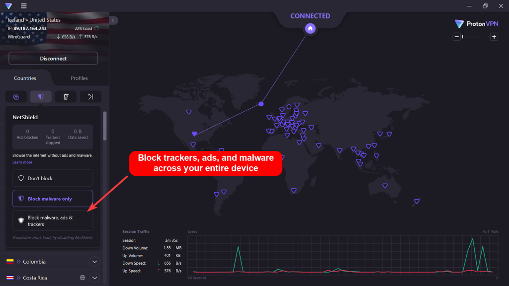 Proton VPN app showing the NetShield feature