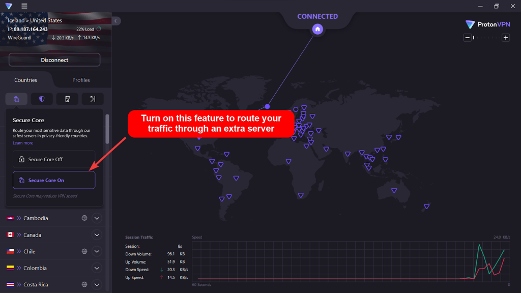 Proton VPN app showing the Secure Core feature