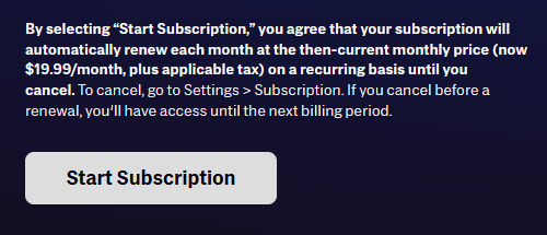 Start subscription message for HBO Max