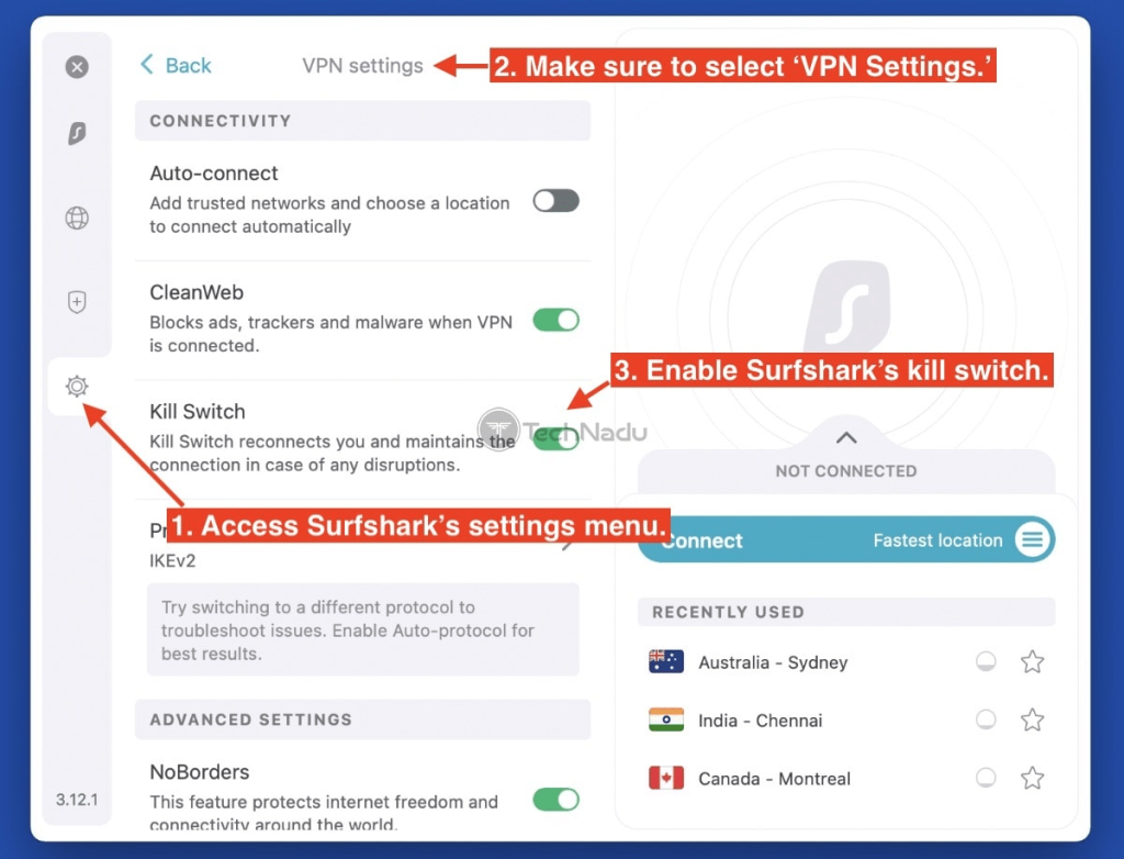 Surfshark app showing VPN settings