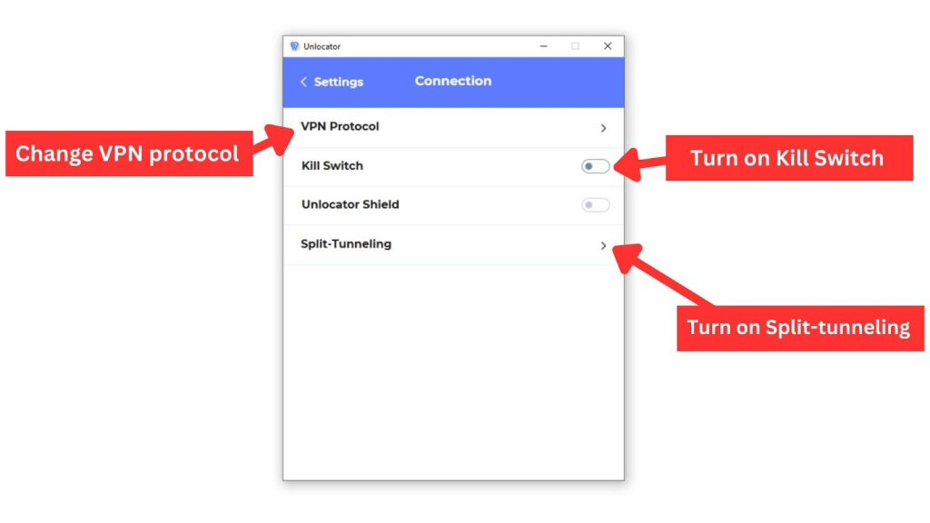 Unlocator app settings showing connection features