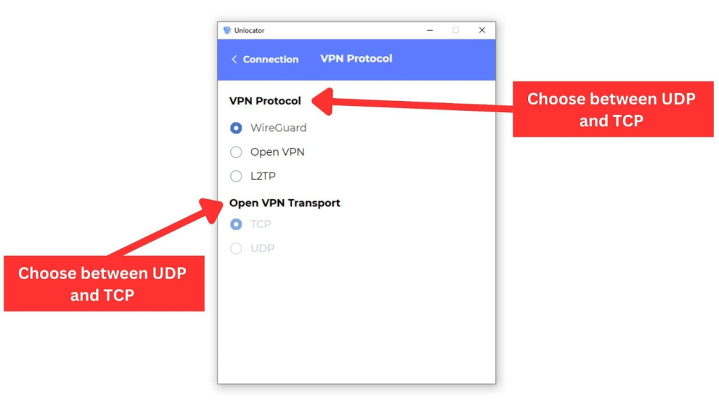 Unlocator showing different VPN protocols