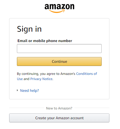 Amazon Sign In Page with a Create Your Amazon Account Call-To-Action Button