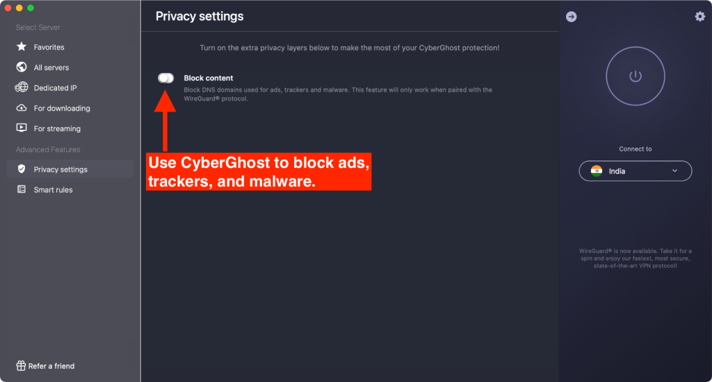 CyberGhost VPN Privacy Settings