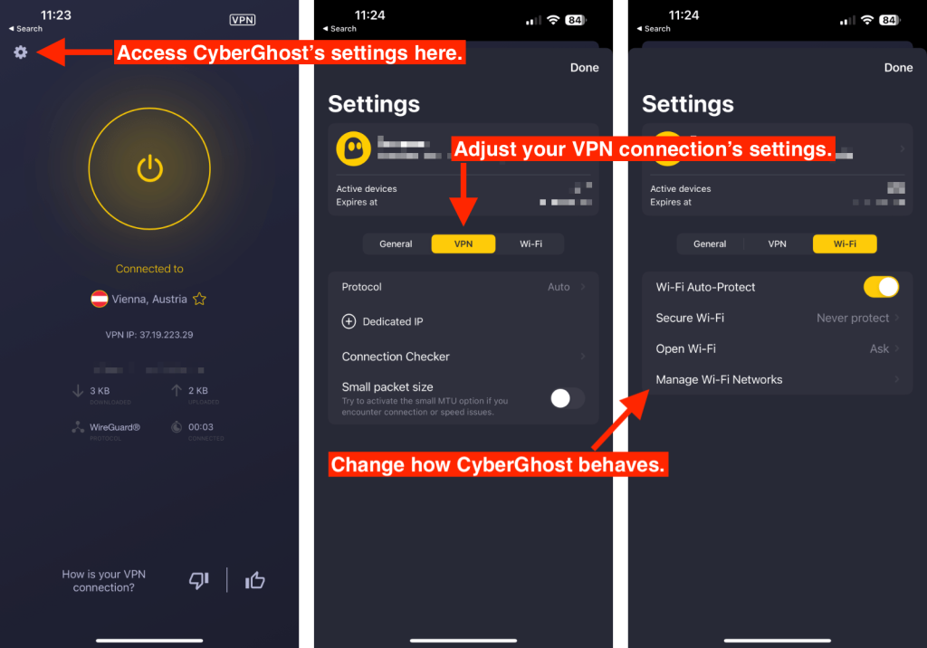 CyberGhost VPN Settings Options on iPhone