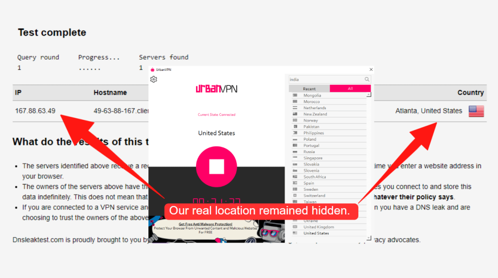 DNS leak test showing a US IP address
