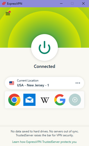 ExpressVPN App Interface Showing a Connection to a NJ Server