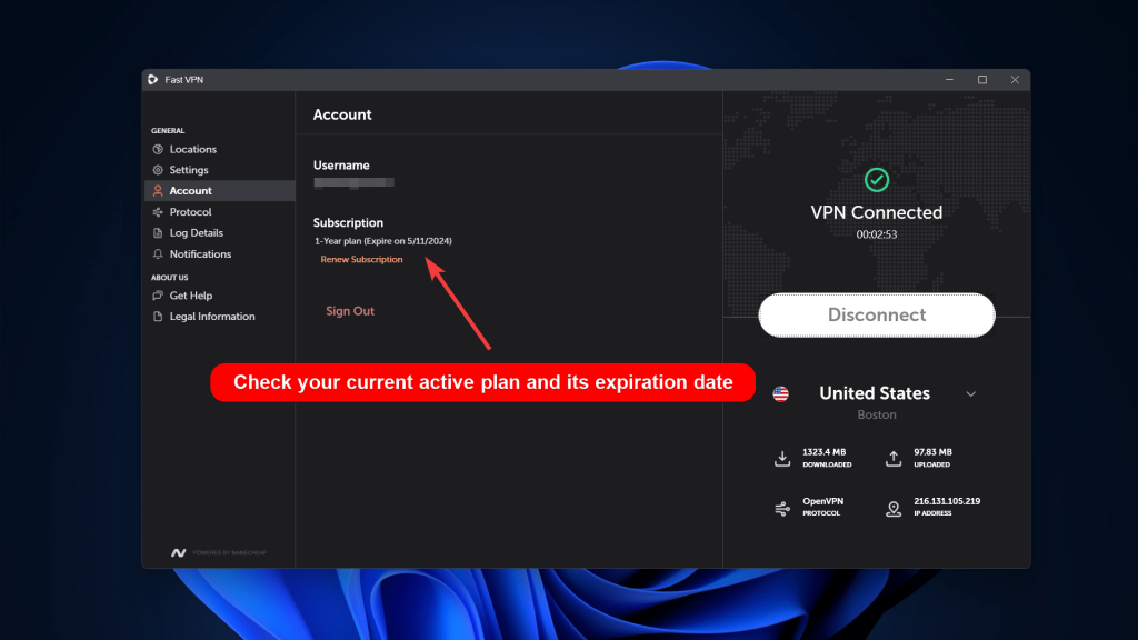 FastVPN app showing account and subscription details
