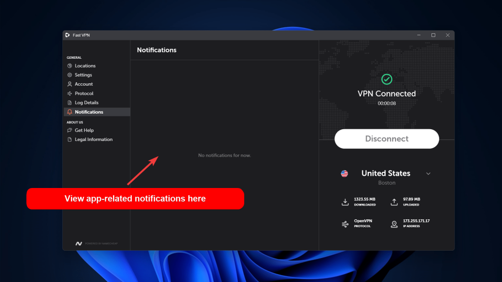FastVPN app showing its Notifications section