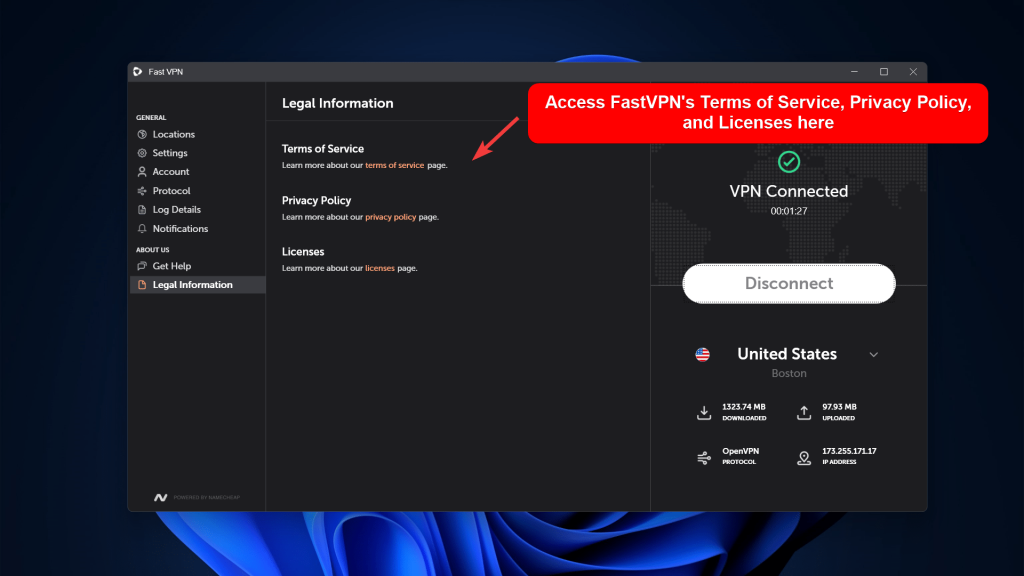 FastVPN app showing its legal information section