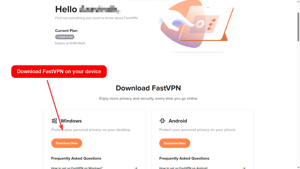 FastVPN dashboard showing different platforms for download