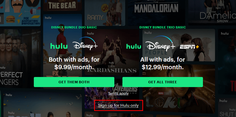 Hulu Landing Page with a Sign Up for Hulu Only Call-To-Action Button