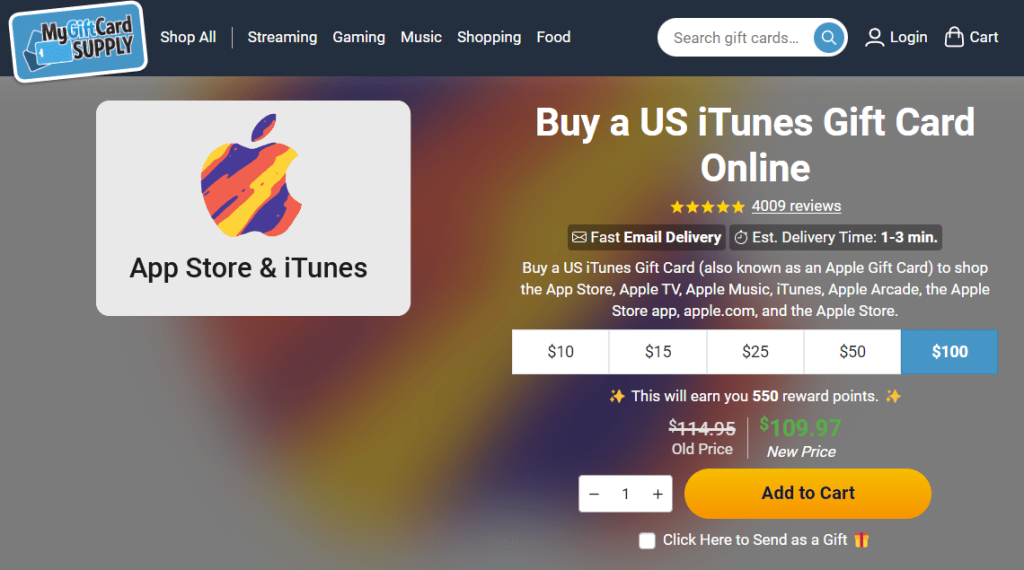MyGiftCard Supply iTunes Code Listing