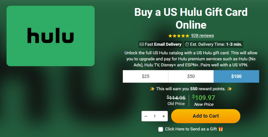 Purchasing a US Hulu Gift Card on My Gift Card Supply