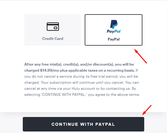 Selecting PayPal as a Payment Option on the Hulu Checkout Page