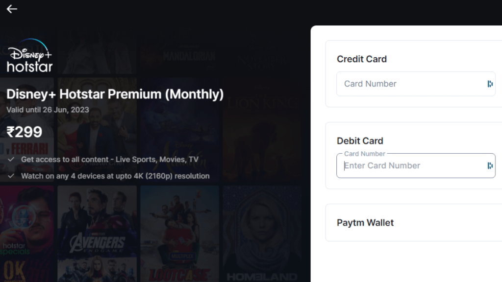 Supported payment methods for Disney Plus Hotstar