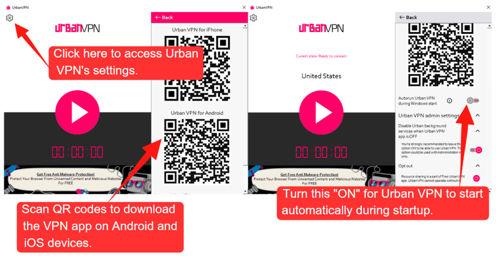 Urban VPN's settings on Windows showing QR codes for download