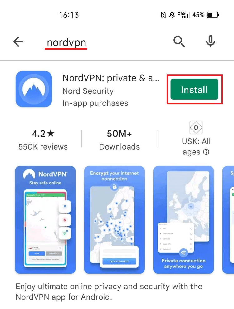 Installing NordVPN on Android via Play Store